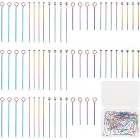 UNICRAFTALE 90pcs 3 Styles Rainbow Head Pins Set 20-30mm Bendable Stainless Steel Ball Head Pins Metal Eye Pins Findings End Flat Headpins Findings for Earring Craft Jewelry Making