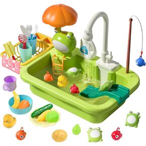 CUTE STONE Play Sink with Running Water, Kitchen Sink Toys with Upgraded Electric Faucet, Play Kitchen Toy Accessories, Pool Floating Fishing Toys for Water Play, Kids Role Play Dishwasher Toy
