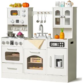 Wooden Play Kitchen for Kids with Realistic Lights and Sounds, Large Toddlers Interactive Kitchen Playset with Ice Maker, Stove, Sink, Oven, and 12 Accessories, Pretend Play Kitchen Set for Ages 3-8