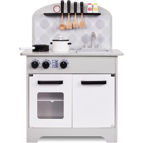 Lil' Jumbl Kids Pretend Kitchen Playset, Pretend Wooden Play Kitchen Toy, Realistic Setup, Includes Pot & Pan, 4 Utensils, Salt & Pepper Shaker, Gray