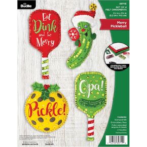 Bucilla, Merry Pickleball, Felt Applique 4 Piece Ornament Making Kit, Perfect for Holiday DIY Arts and Crafts Projects, 89711E