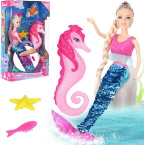 BETTINA Color Change Mermaid Doll Playset, Mermaid Princess Doll with Color-Changing Tail, Mermaid Toys with Seahorse & Accessories, Purple Hair