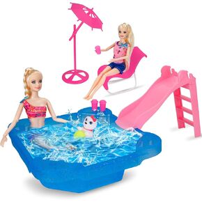 BETTINA Pool Playset - Glam Pool with Slide, Doll Pool Accessories Includes Beach Chair, Beach Umbrella, Dog, Swimming Pool Set for 12 Inch Dolls, Bath Toys for Dolls