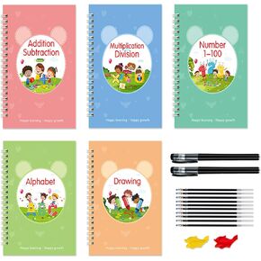Reusable Grooved Handwriting Workbooks, 5pcs Magic Copybook with BONUS Pens and Pens Holding Aids, Magic Writing Practice Copy Books for 3-8 Kids,Reusable Handwriting Workbooks for Preschools.