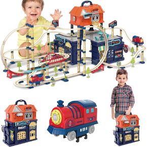 Fistone Train Tracks Toy Set for Toddlers, 207 PCS Plastic City Railway Tracks Building Kit with Cars, STEM Educational Playset for Boys and Girls, Age 3-12