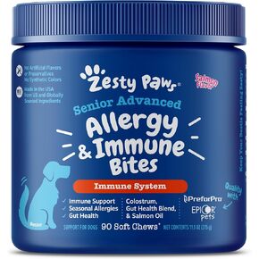 Zesty Paws Dog Allergy Relief - Anti Itch Supplement - Omega 3 Probiotics for Dogs - Digestive Health - Soft Chews for Skin & Seasonal Allergies - with Epicor Pets - Senior - Salmon - 90 Count