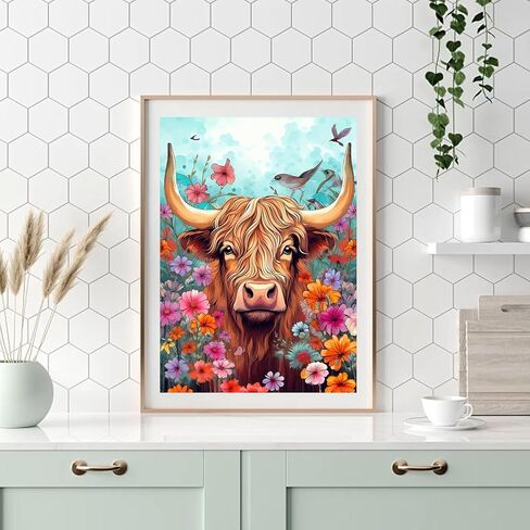MBNTJHT DIY مجموعات الطلاء الماس الماشية المرتفعات للبالغين، 5D الحفر المستديرة البقرة الماس مجموعات الفن للبالغين المبتدئين، اللوحة بقرة المرتفعات بواسطة الماس لديكور جدار المنزل 12X16 بوصة. in Kuwait