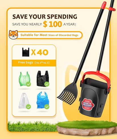 Large Swivel Bin & Rake Pooper Scooper with 40 Waste Bags, 36" Long Handle & 4 Bag Hooks Adjustable Dog Pooper Scooper for Large Dogs and Pets, Portable Non-Breakable Dog Poop Scooper in Saudi Arabia