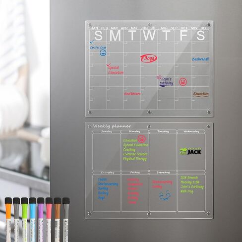 Printers Jack Magnetic Acrylic Calendar for Fridge, 16''x 12'' Inches 1 Set of Clear Acrylic Monthly and Weekly, Frosted Fridge Calendar with 8 Dry Erase Markers 7 Colors, Reusable Planning Board in Saudi Arabia