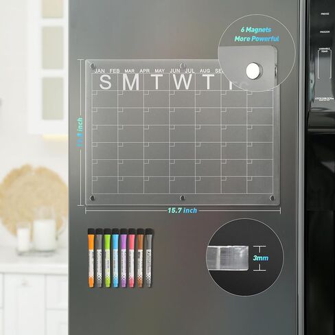 Printers Jack Magnetic Acrylic Calendar for Fridge, 16''x 12'' Inches 1 Set of Clear Acrylic Monthly and Weekly, Frosted Fridge Calendar with 8 Dry Erase Markers 7 Colors, Reusable Planning Board in Saudi Arabia