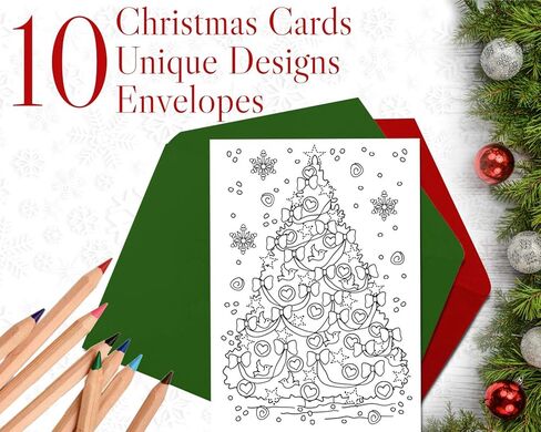 بطاقات تلوين عيد الميلاد من Art Eclect للبالغين، 10 بطاقات فريدة، 5 مظاريف حمراء و5 خضراء (عيد الميلاد F1/10) in Kuwait