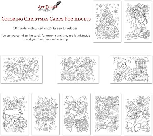 بطاقات تلوين عيد الميلاد من Art Eclect للبالغين، 10 بطاقات فريدة، 5 مظاريف حمراء و5 خضراء (عيد الميلاد F1/10) in Kuwait