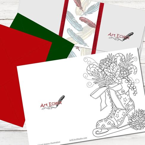 بطاقات تلوين عيد الميلاد من Art Eclect للبالغين، 10 بطاقات فريدة، 5 مظاريف حمراء و5 خضراء (عيد الميلاد F1/10) in Kuwait