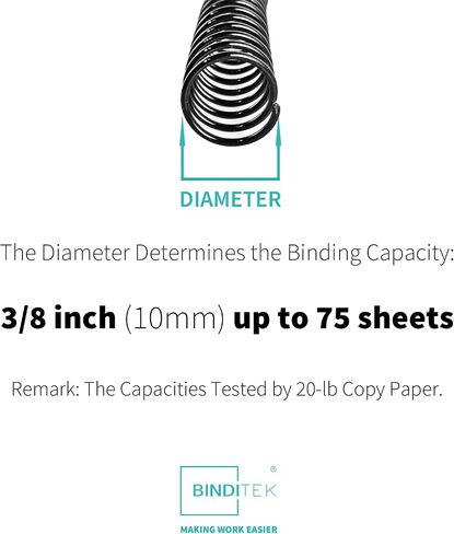 Binditek 100 Pack Plastic Spiral Binding Coils, 10mm(3/8"), 75 Sheet Capacity, 4:1 Pitch, Black, 48Loops, for Letter Size, for Students and Coworkers in Saudi Arabia