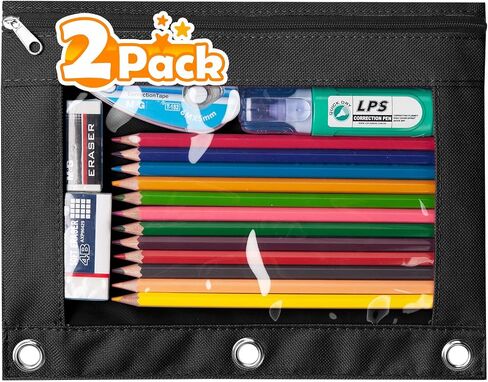 Sooez Pencil Pouch for 3 Ring Binder, 2 Pack Binder Pencil Pouch with Clear Window Pencil Bags with Zipper & Reinforced Grommets, Pencil Case for Binder Black & Black in Saudi Arabia
