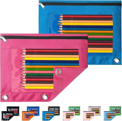 Sooez Pencil Pouch for 3 Ring Binder, 2 Pack Binder Pencil Pouch with Clear Window Pencil Bags with Zipper & Reinforced Grommets, Pencil Case for Binder Black & Black in Saudi Arabia