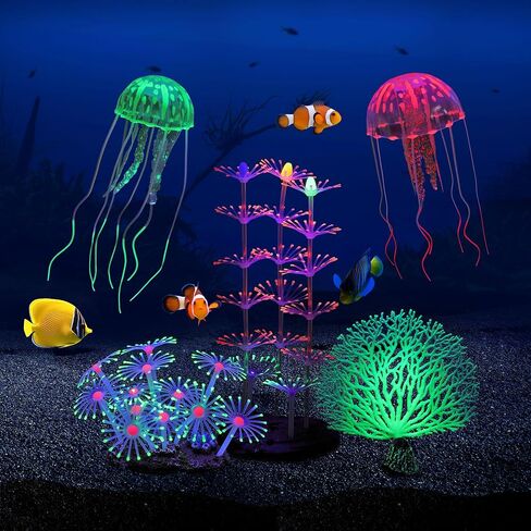Glowing Fish Tank Decorations Plants, 4 pcs Glow Aquarium Decorations, Glowing Coral Plant Ornaments Lotus Kelp and Anemone in Saudi Arabia