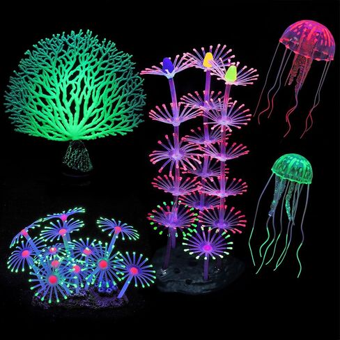 Glowing Fish Tank Decorations Plants, 4 pcs Glow Aquarium Decorations, Glowing Coral Plant Ornaments Lotus Kelp and Anemone in Saudi Arabia