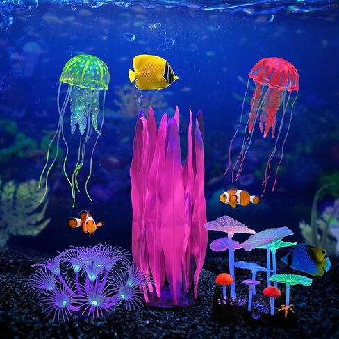 Glowing Fish Tank Decorations Plants, 4 pcs Glow Aquarium Decorations, Glowing Coral Plant Ornaments Lotus Kelp and Anemone in Saudi Arabia