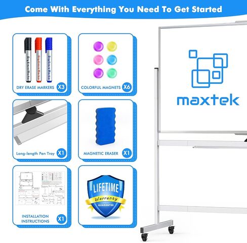 maxtek Rolling Whiteboard, 48x36 Large Magnetic White Board with Stands, Big Double-Sided White Board Dry Erase on Wheels for Homeschool, Home Office, Office, School (Silver, 48 x 36) in Saudi Arabia