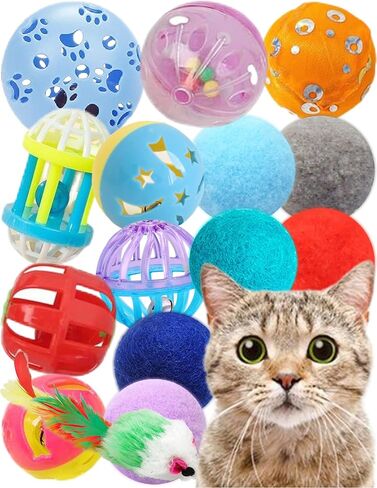 Cat Toy Bundle with 15 Assorted Toys, Including Soft Fuzzy Balls, Feather Mice, and Sturdy Plastic Balls, Fully Safe and Long-Lasting, Designed to Stimulate Play and Hunting Instincts in Cats in Saudi Arabia