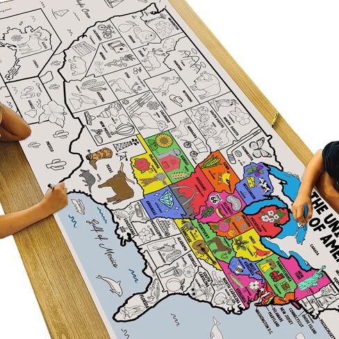 Tiny Expressions - Giant USA Coloring Map for Kids - Rolled, No Creases 72" x 30" - Jumbo Wall Art Poster for Classrooms, Bedrooms - Large Paper Banner (USA Map with Icons) in Kuwait