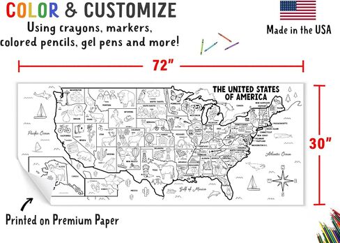 Tiny Expressions - Giant USA Coloring Map for Kids - Rolled, No Creases 72" x 30" - Jumbo Wall Art Poster for Classrooms, Bedrooms - Large Paper Banner (USA Map with Icons) in Kuwait