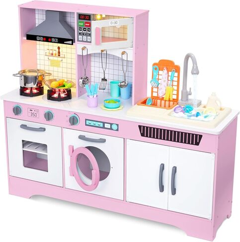 Lil’ Jumbl Kids Wooden Kitchen Set, Pretend Working Sink with Real Running Water, Includes Range Hood, Microwave & Stove Top That Make Realistic Sound & Light, Full Accessory Set Included in Kuwait