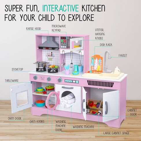 Lil’ Jumbl Kids Wooden Kitchen Set, Pretend Working Sink with Real Running Water, Includes Range Hood, Microwave & Stove Top That Make Realistic Sound & Light, Full Accessory Set Included in Kuwait