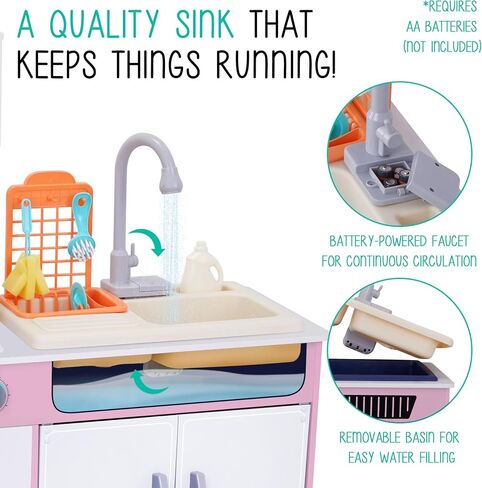 Lil’ Jumbl Kids Wooden Kitchen Set, Pretend Working Sink with Real Running Water, Includes Range Hood, Microwave & Stove Top That Make Realistic Sound & Light, Full Accessory Set Included in Kuwait