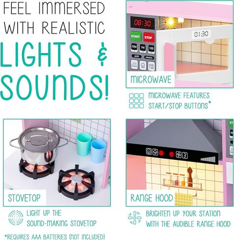 Lil’ Jumbl Kids Wooden Kitchen Set, Pretend Working Sink with Real Running Water, Includes Range Hood, Microwave & Stove Top That Make Realistic Sound & Light, Full Accessory Set Included in Kuwait