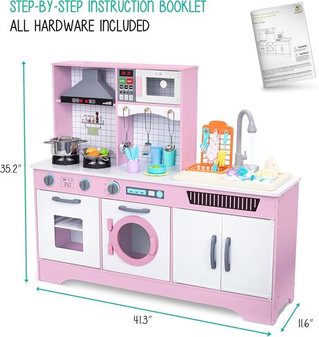 Lil’ Jumbl Kids Wooden Kitchen Set, Pretend Working Sink with Real Running Water, Includes Range Hood, Microwave & Stove Top That Make Realistic Sound & Light, Full Accessory Set Included in Kuwait