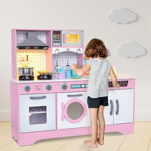 Lil’ Jumbl Kids Wooden Kitchen Set, Pretend Working Sink with Real Running Water, Includes Range Hood, Microwave & Stove Top That Make Realistic Sound & Light, Full Accessory Set Included in Kuwait