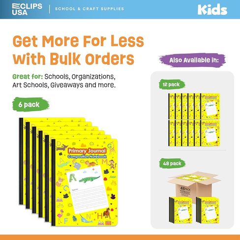 E-CLIPS USA Composition Notebooks, Primary Journal Composition Notebook, ABC & Animal Print, 100 sheets, 200 pages, 9.75″ x 7.5″ (48 Pack, Assorted) in Kuwait