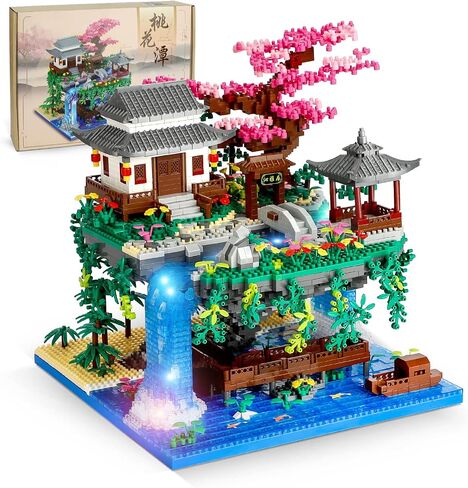 Peach Blossom Pond Micro Mini Building Blocks Set for Adults and Kids, Chinese Architecture Cherry Bonsai Gift Toys with String Lights, Japanese Sakura Tree House Micro Bricks (3320PCS) in Saudi Arabia