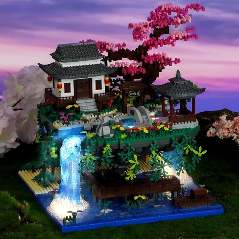 Peach Blossom Pond Micro Mini Building Blocks Set for Adults and Kids, Chinese Architecture Cherry Bonsai Gift Toys with String Lights, Japanese Sakura Tree House Micro Bricks (3320PCS) in Saudi Arabia