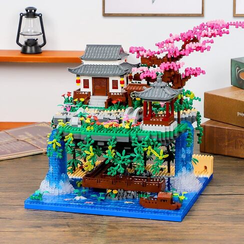 Peach Blossom Pond Micro Mini Building Blocks Set for Adults and Kids, Chinese Architecture Cherry Bonsai Gift Toys with String Lights, Japanese Sakura Tree House Micro Bricks (3320PCS) in Saudi Arabia