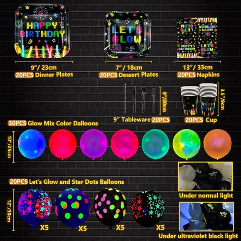 238 قطعة من لوازم الحفلات المتوهجة من Let's Glow Neon مجموعة أدوات مائدة بالون نيون يتوهج في الظلام لافتة عيد ميلاد متوهجة للحفلات مفرش طاولة من النيون لتزيين الحفلات باللون الأسود يخدم 20 قطعة in Kuwait