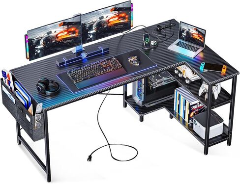 ODK 40 Inch Small L Shaped Gaming Computer Desk with Power Outlets, Reversible Storage Shelves & PC Stand for Home Office, Simple Writing Study Table with Storage Bag for Small Space, Black in Saudi Arabia