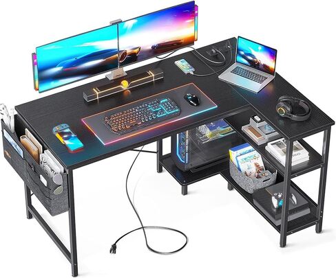 ODK 40 Inch Small L Shaped Gaming Computer Desk with Power Outlets, Reversible Storage Shelves & PC Stand for Home Office, Simple Writing Study Table with Storage Bag for Small Space, Black in Saudi Arabia