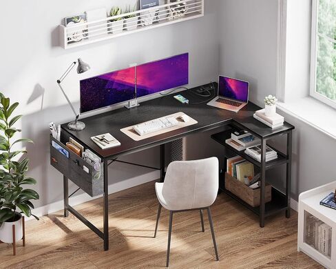 ODK 40 Inch Small L Shaped Gaming Computer Desk with Power Outlets, Reversible Storage Shelves & PC Stand for Home Office, Simple Writing Study Table with Storage Bag for Small Space, Black in Saudi Arabia