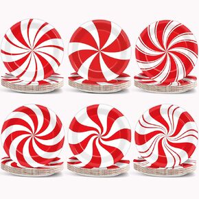 Wiooffen 80Pcs Christmas Peppermint Candy Paper Plates Party Supplies 9Inch Red White Candy Mint Tableware Christmas Dinner Dessert Plate Disposable Dinnerware Decorations for Holiday Xmas Theme Party