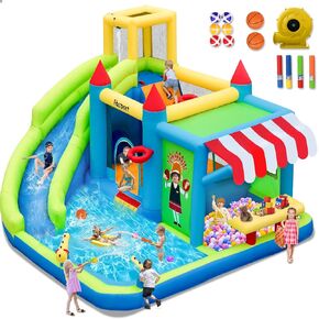 FBSPORT Inflatable Bounce House Water Slide, Bounce House for Kids with Toy Market Stand Splash Pool Bouncer Climbing Wall Water Gun Ball Dart, Bouncy Castle W/620W Blower for Outdoor Indoor, Red