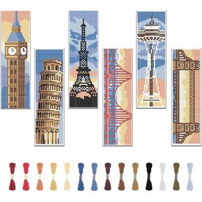 FREEBLOSS 6 Set Bookmark Cross Stitch Kits Stitch Bookmark Cross Stitch Kits with Instructions Famous Architecture Pattern Punch Needle Kit for Beginners Bookmark Making Kit for Gift