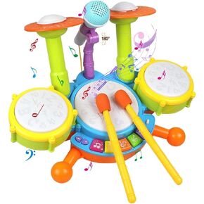 POKONBOY Kids Drum Set for Toddler 1-3, Musical Instruments Learning Toys with 2 Drum Sticks Adjustable Microphone Birthday Gifts for 6 12 18 Month Boys Girls