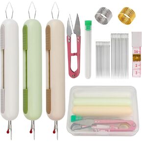 FWUNYVN 2 in 1 Needle Threader Seam Ripper, 9Pcs Sewing Seam Ripper Tool Kit with Case Contains 3Pcs Needle Threader Tool and Seam Ripper Tool, 2Pcs Thimble, Scissors, Needle, Measure Tape