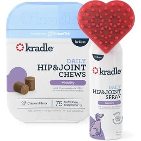 Kradle Daily Hip & Joint Bundle - Mobility & Comfort Topical Spray and Chews - Arthritis Relief Support for Dogs with Soothing Ingredients - for All Dog Breeds & Sizes -75-Count Chew & 4oz Spray