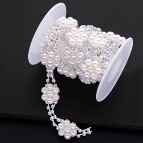 1 Yard Pearl Tassel Gold Crystal Rhinestone Trim, Diamond Inlaid Pearl Beaded Chain Applique Embellishment for Sewing Craft, DIY Jewelry Wedding Bridal Bouquet Costume Decoration (Pearl-4)