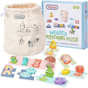 Prextex Wooden Matching Puzzle for Kids- 33 Piece Wooden Shape Toddler Puzzle Game with 16 Wooden Shapes, 16 Puzzle Pieces, and Carrying Pouch - Develops Cognitive Skills for Ages 18 Months+