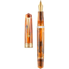 Asvine P20 Piston Fountain Pen Amber Resin, Iridium Medium Nib Gold Trim Smooth Writer Collection with Case Set